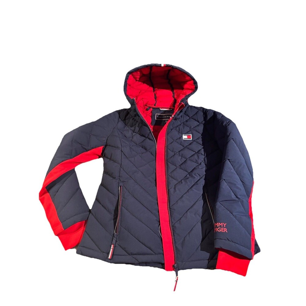 TOMMY HILFIGER Womans Lightweight Packable/Hooded/Jacket Red/Blue Medium